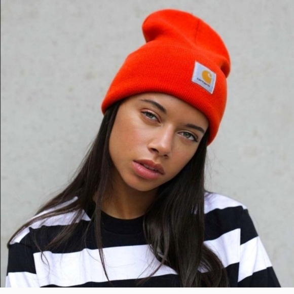 Carhartt Bright Neon Orange Beanie Knit Unisex Cuffed Hat - Picture 1 of 5